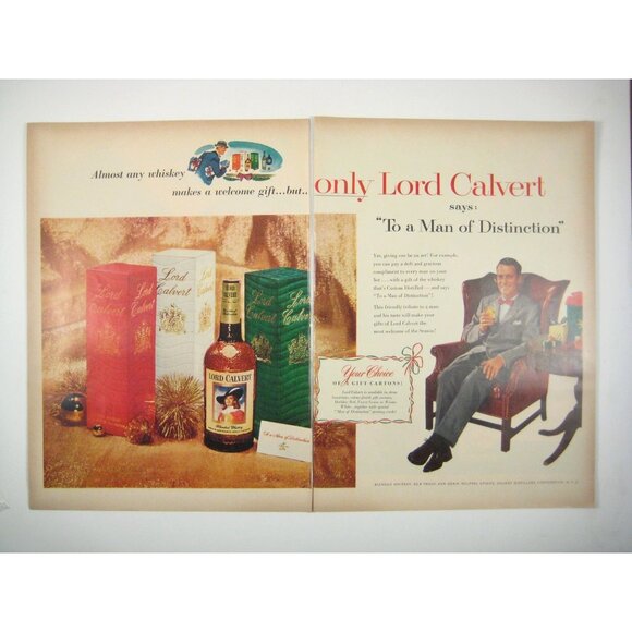 Vintage 1953 Lord Calvert Whiskey Double Page Print Ad Christmas Scene - Picture 1 of 2